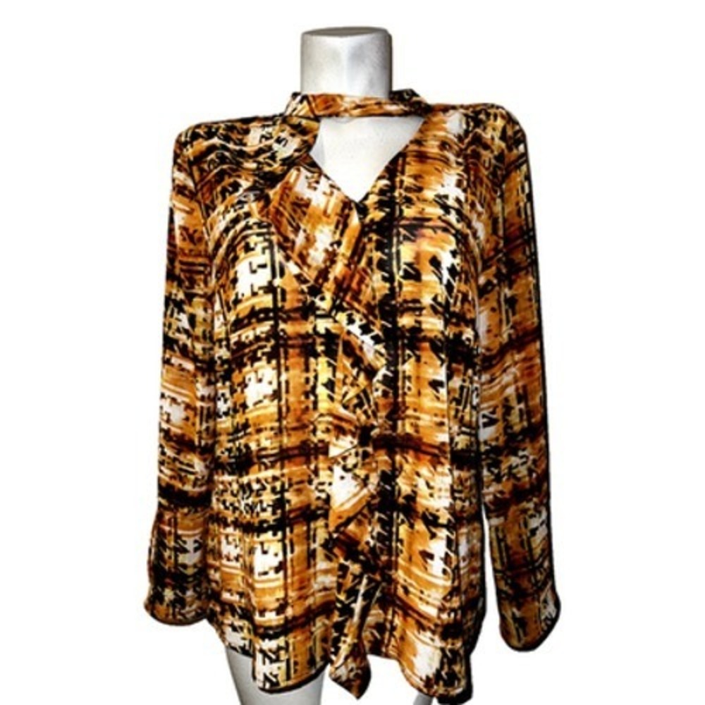 New NY Collection Womens XL Blouse Orange Brown Abstract Ruffle Choker Bell Slv